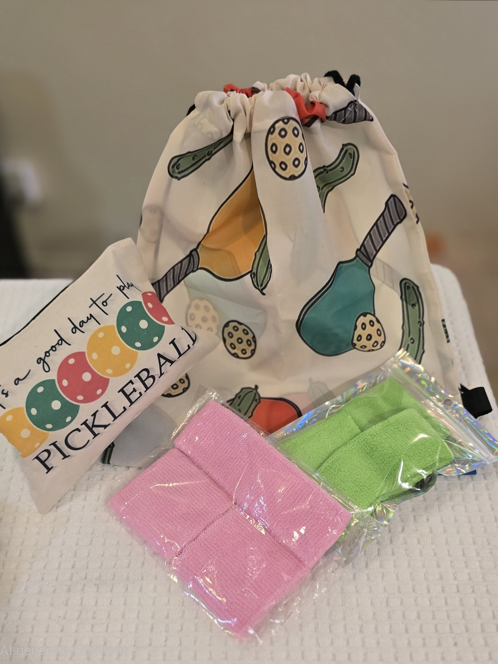Pickleball Drawstring Backpack & Accessory Set Wristbands Zipper Pouch Colorful